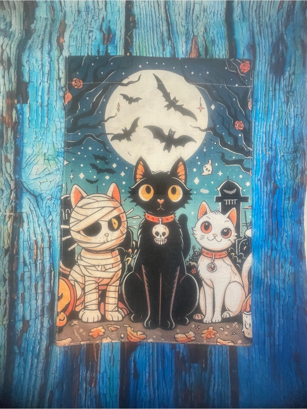 Halloween Cat Garden Flag Black/White Orange Design